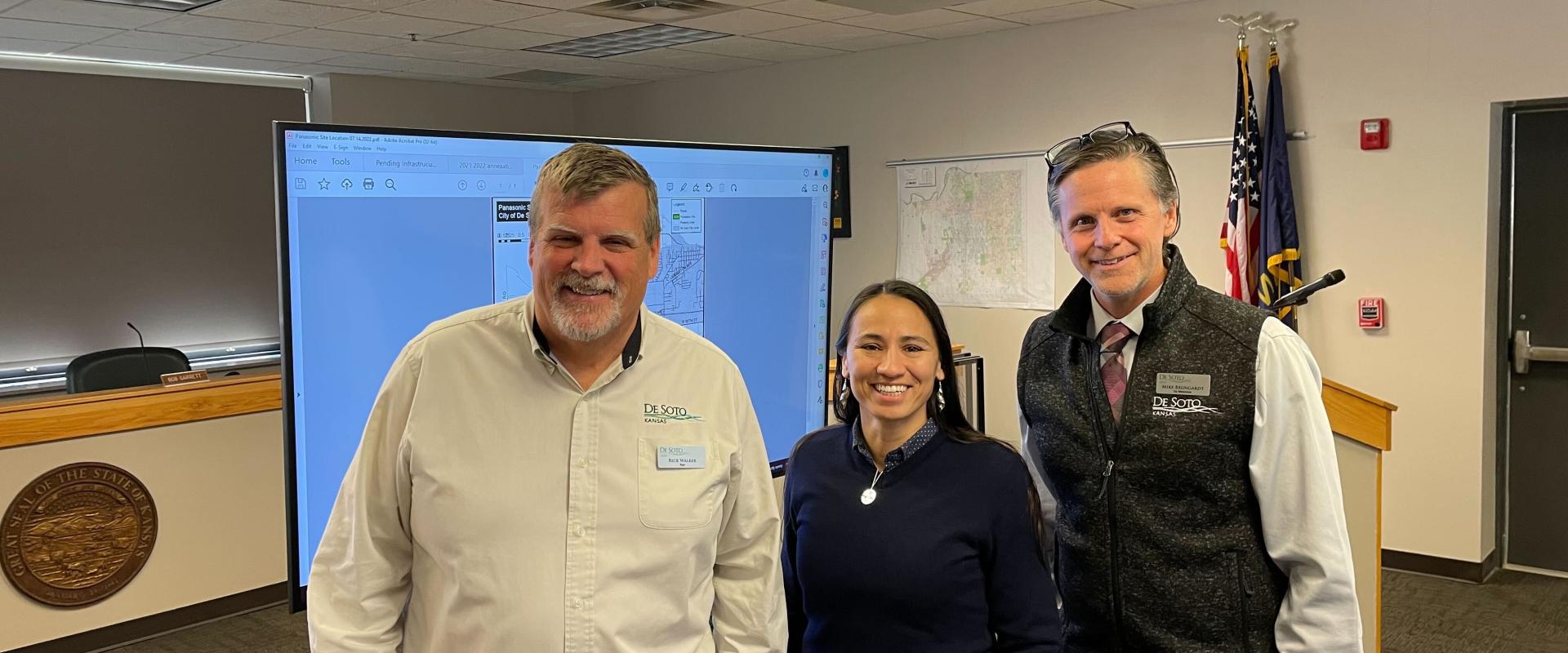 Rep. Sharice Davids with De Soto Mayor Rick Walker (left) and De Soto City Administrator Mike Brungardt (right).