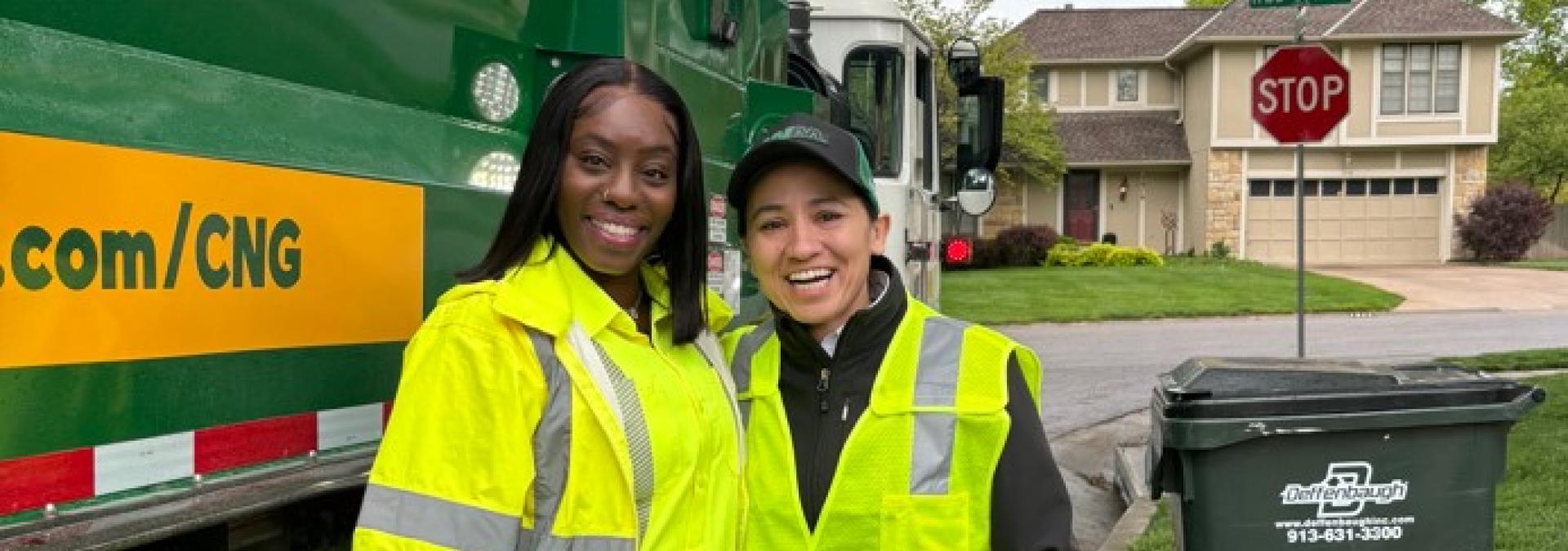Rep. Sharice Davids with Terrell Banks. Banks is a five-year veteran with Waste Management and has handled both residential and commercial routes. After receiving her Commercial Driver’s License in 2010, she worked for Kansas City International Airport and FedEx before driving for Waste Management in the Kansas City metro area.
