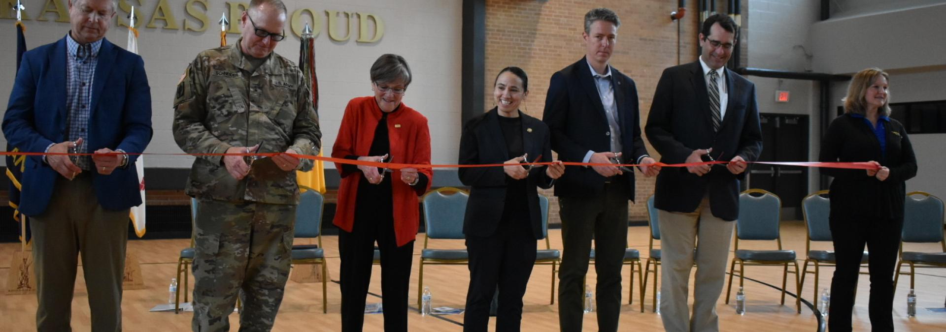 Rep. Sharice Davids with Governor Laura Kelly, Senator Roger Marshall (R-KS), Representative Derek Schmidt (R-KS-02), and others.