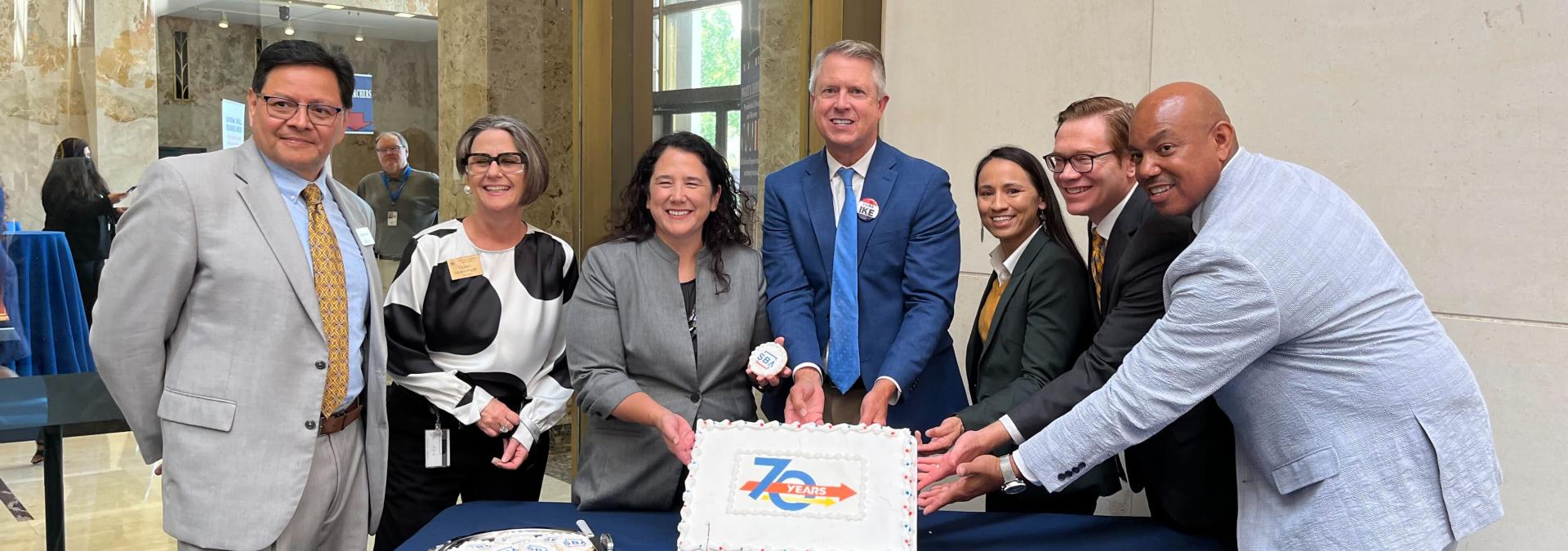 Rep. Sharice Davids with SBA Administrator Guzamn, Senator Marshall, Lieutenant Governor Toland, and others celebrating the SBA’s 70th Anniversary.