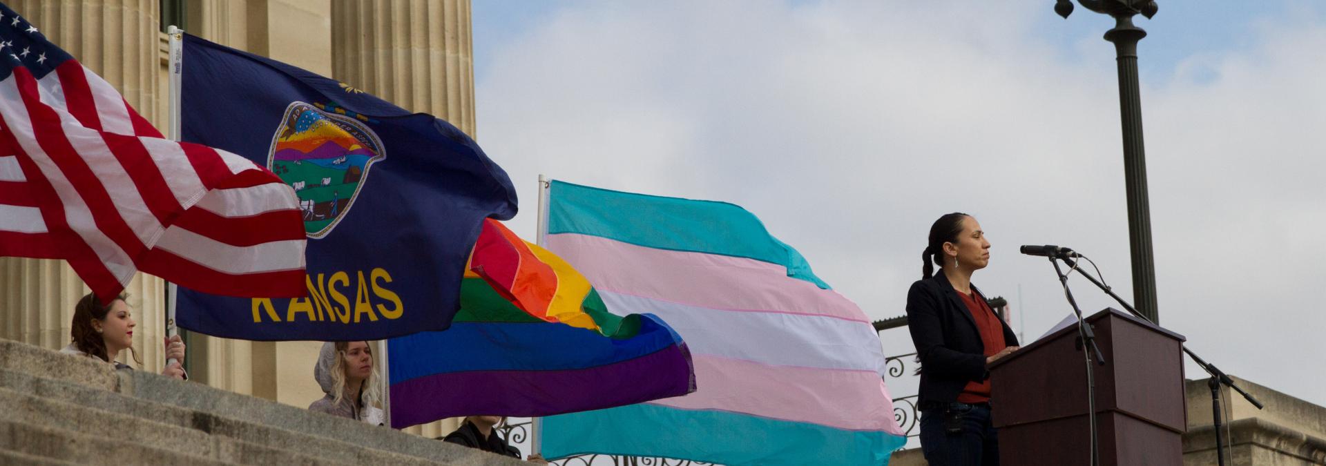 Rep. Sharice Davids speaks during Pride Month. 