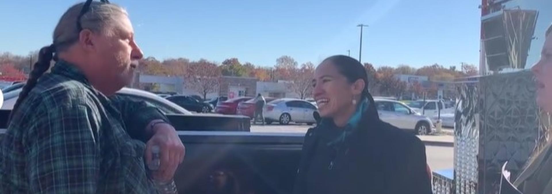 Rep. Sharice Davids with Brian Newton, local veteran and owner of Morty’s.