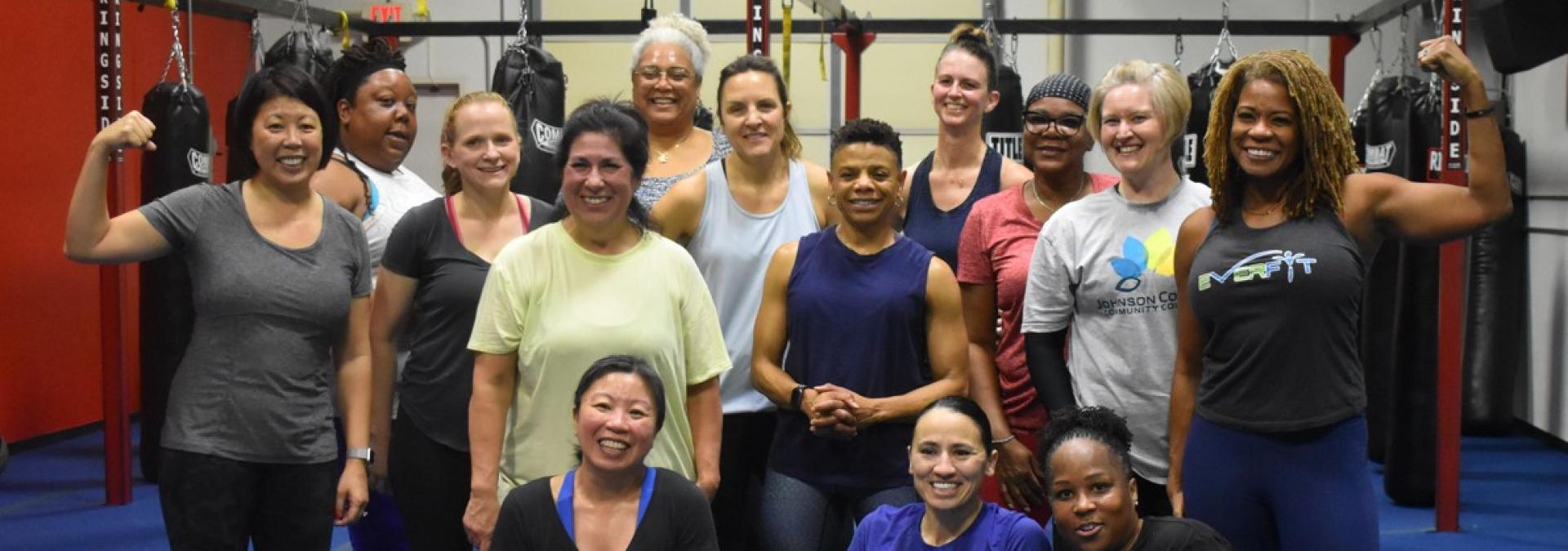 Representative Sharice Davids with Kansans after a workout at EverFit in Shawnee.
