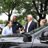 Rep. Davids (left) pictured with Officer John Lacy, Mayor Curt Skoog and Officer Tara Stevens pictured outside the Overland Park Justice Center.