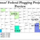 A map showing the locations of the abandoned oil well projects and number of wells in each.