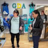Rep. Davids visits Garage Door Apparel Co. with owner Becky Fankhauser.