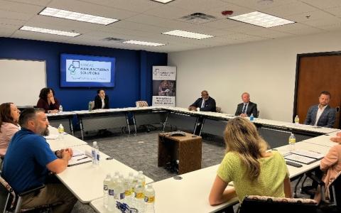 Rep. Sharice Davids speaks with local manufacturing, technology, and business leaders on the recently passed supply chain and manufacturing legislation.