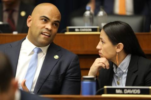 Rep. Davids and Rep. Allred speak during a Transportation and Infrastructure Committee markup.