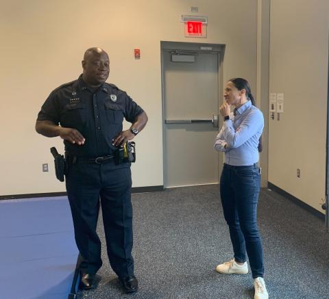 Rep. Sharice Davids chats with an OPPD Public Information Officer, John Lacy.