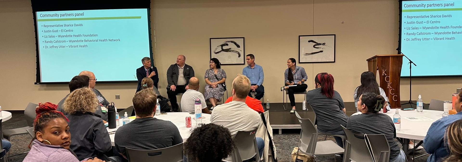 Rep. Sharice Davids moderates a panel at Vibrant Health’s staff meeting