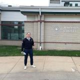 Rep. Sharice Davids outside the Olathe Walk-In Clinic after receiving her seasonal immunizations.